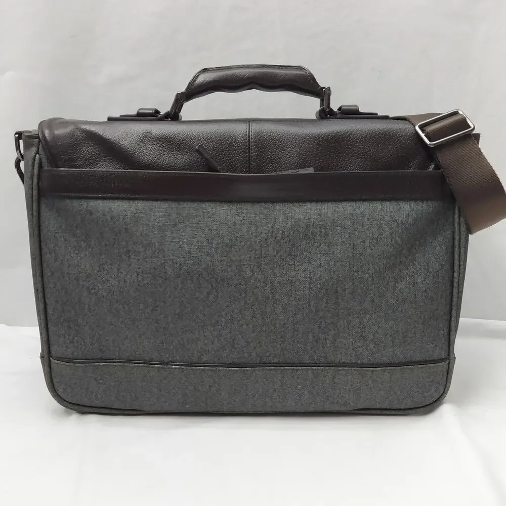 Tumi Brown Leather Gray Canvas Pushlock Laptop Briefcase Business Crossbody Bag